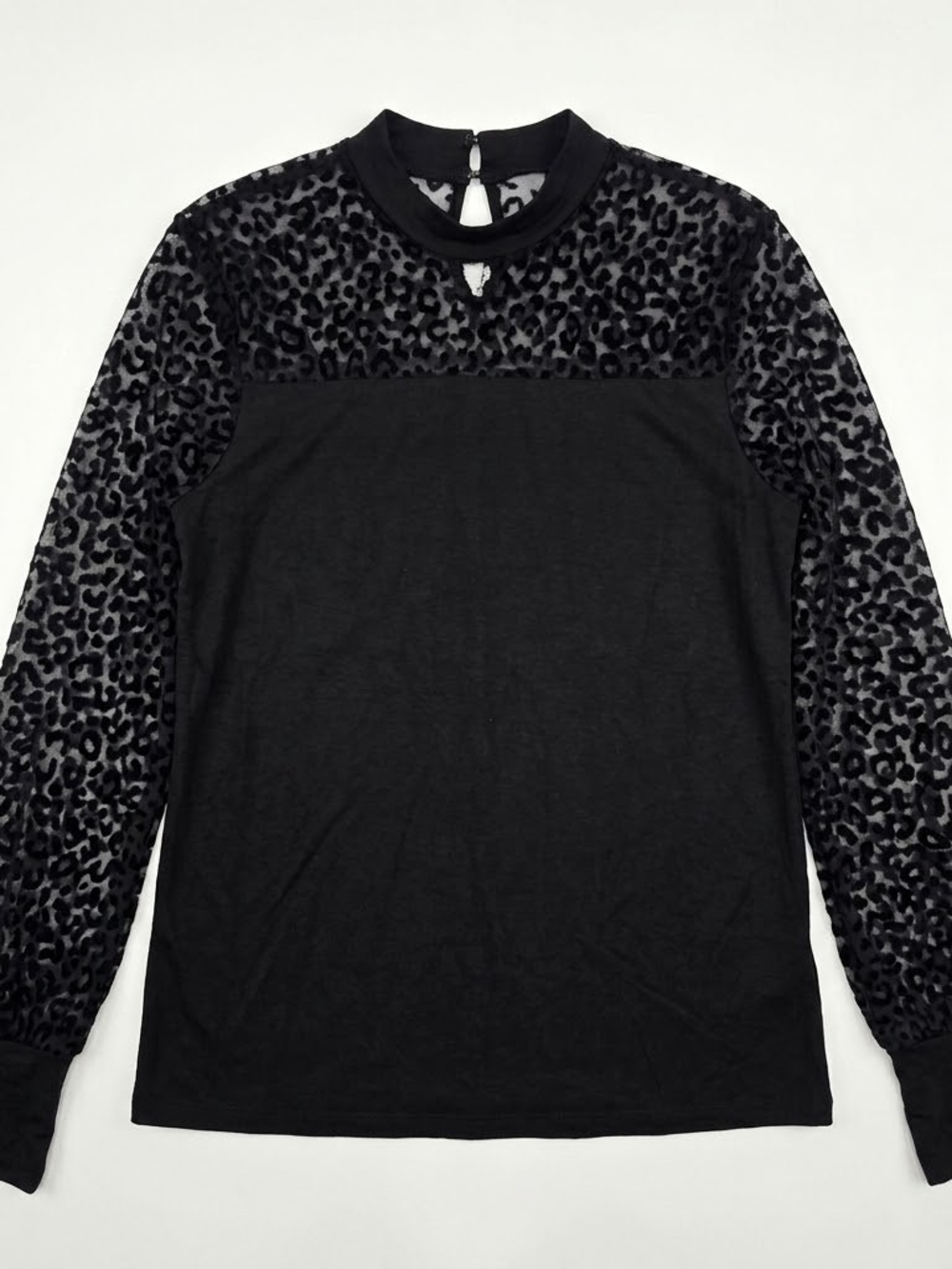 VENUS Black Leopard Mesh Yoke Long Sleeve Top Womens 1X #24